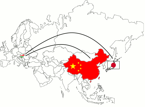 Magyarország, Kína és Japán a térképen